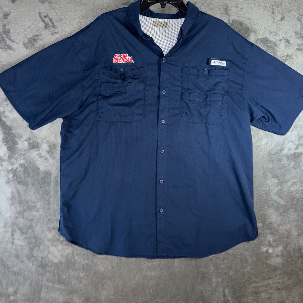Mens XL Columbia PFG Fishing Shirt Navy Excellent Ole Miss Rebels Omni-Shade